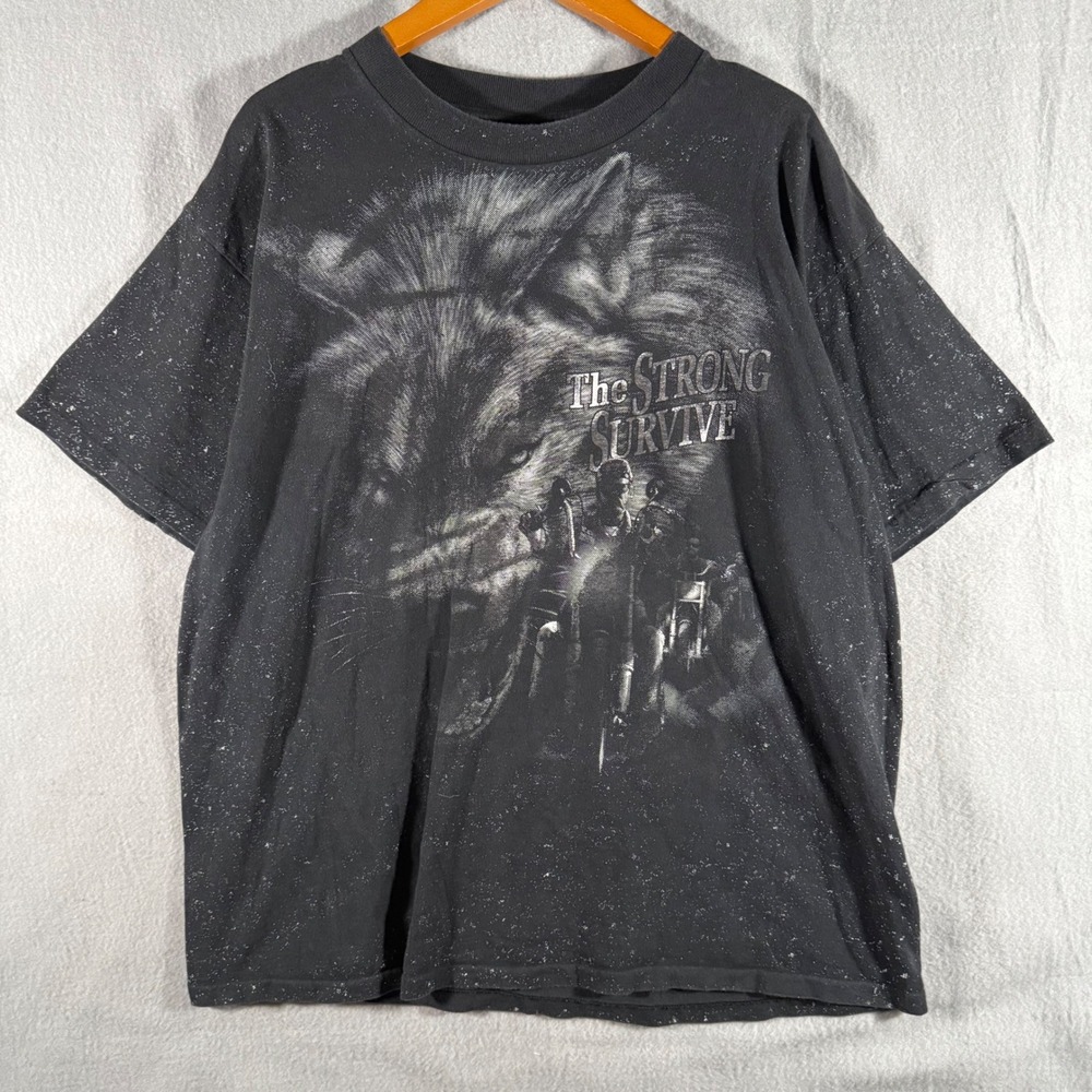 Vintage 3D Emblem The Strong Survive Wolf Biker T-Shirt XL Black Acid Wash USA